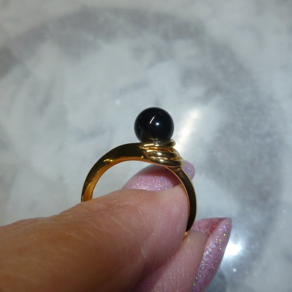 18k Yellow Gold Electroplate Black Onyx Dolphin Ore Ring - Picture 2 of 9